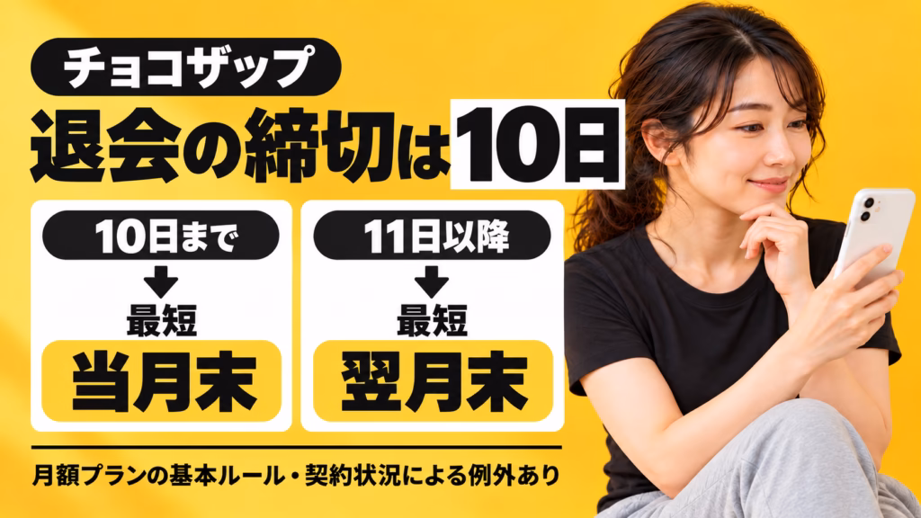 チョコザップ退会の締切は10日。月額プランは10日までなら最短当月末、11日以降なら最短翌月末。契約状況による例外あり
